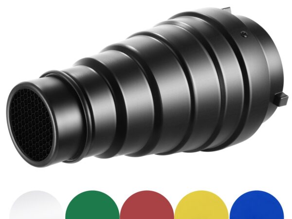 KAZHI Portable Video Optical Snoot Conical Kit Honeycomb Grid 5 Color Gel Filters Adjustable Light Photo Studio Accessories